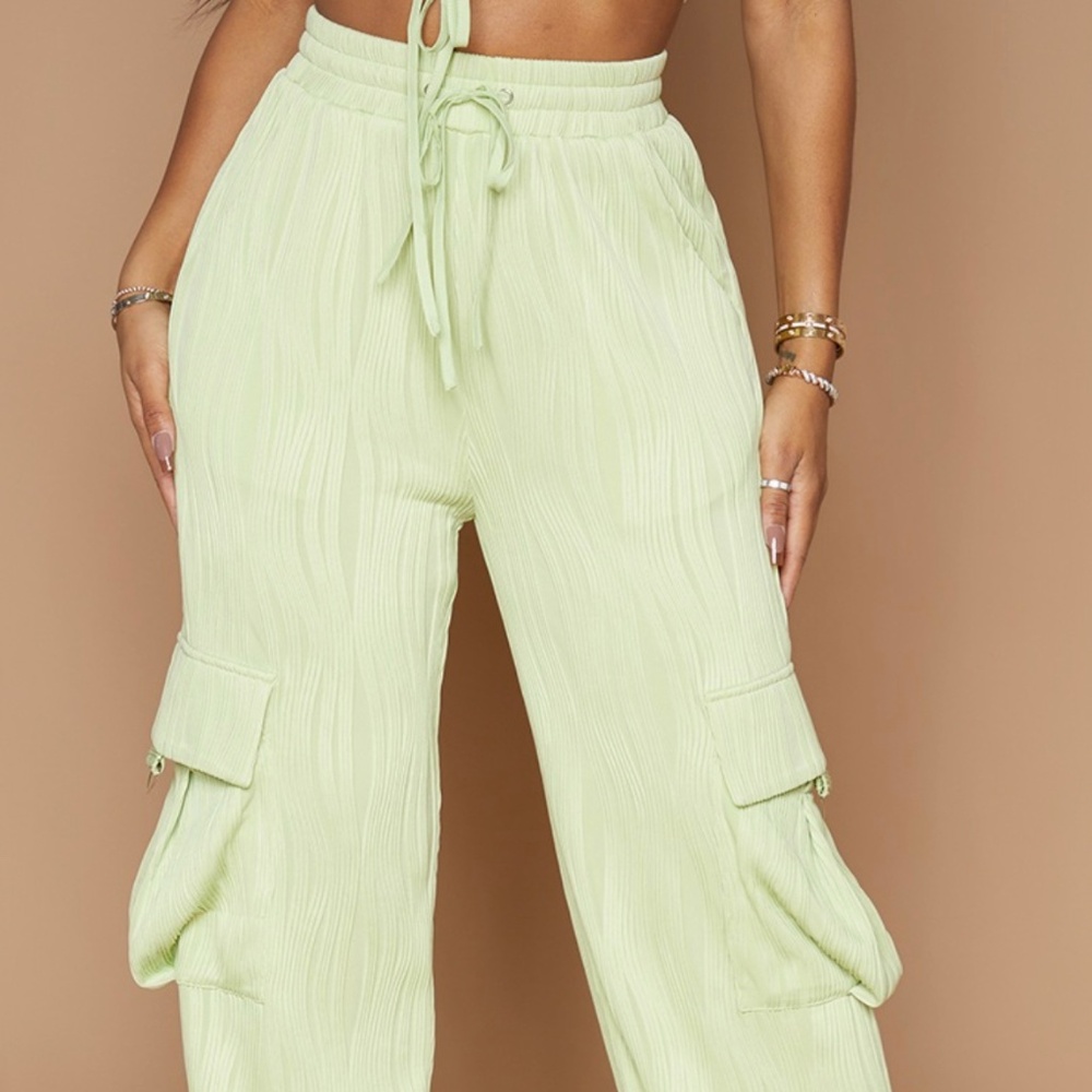 Lime Textured Pocket Detail Wide Leg Pants